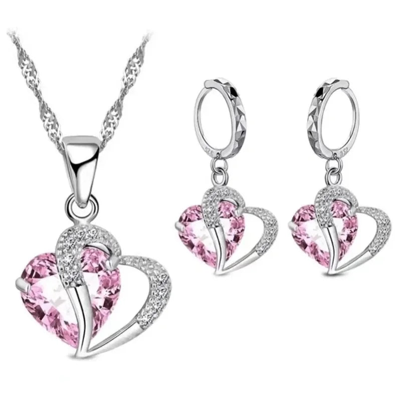 š Set of 2 Heart Charm Jewelry ā Blue Glass Stone Necklace & Earrings with CZ Gems āØ