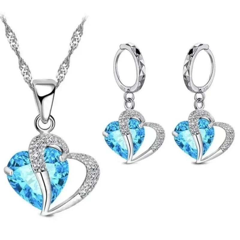š Set of 2 Heart Charm Jewelry ā Blue Glass Stone Necklace & Earrings with CZ Gems āØ