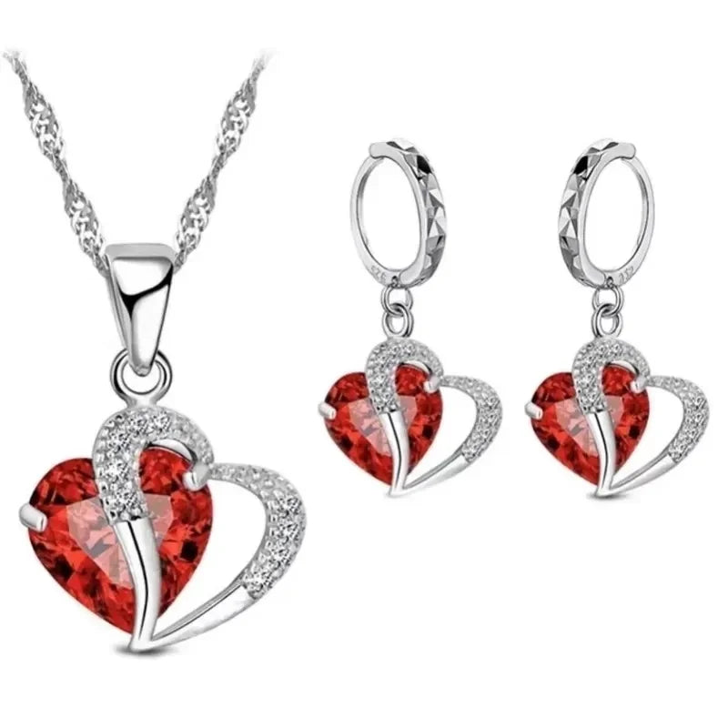 š Set of 2 Heart Charm Jewelry ā Blue Glass Stone Necklace & Earrings with CZ Gems āØ