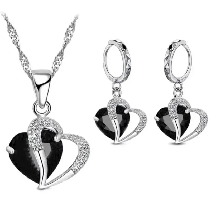 š Set of 2 Heart Charm Jewelry ā Blue Glass Stone Necklace & Earrings with CZ Gems āØ