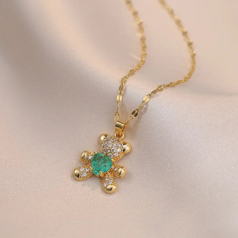 Gold Stainless Steel Chain with Cute Pink & Blue Zircon Bear Pendant – A Playful & Charming Accessory 🧸✨