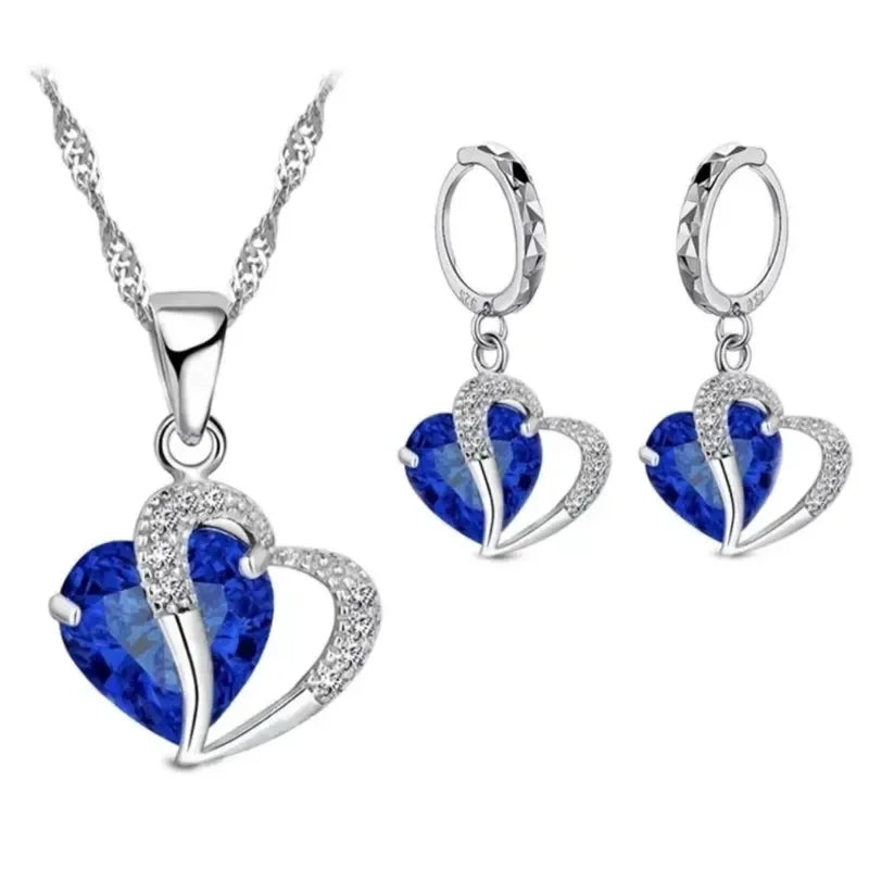 š Set of 2 Heart Charm Jewelry ā Blue Glass Stone Necklace & Earrings with CZ Gems āØ