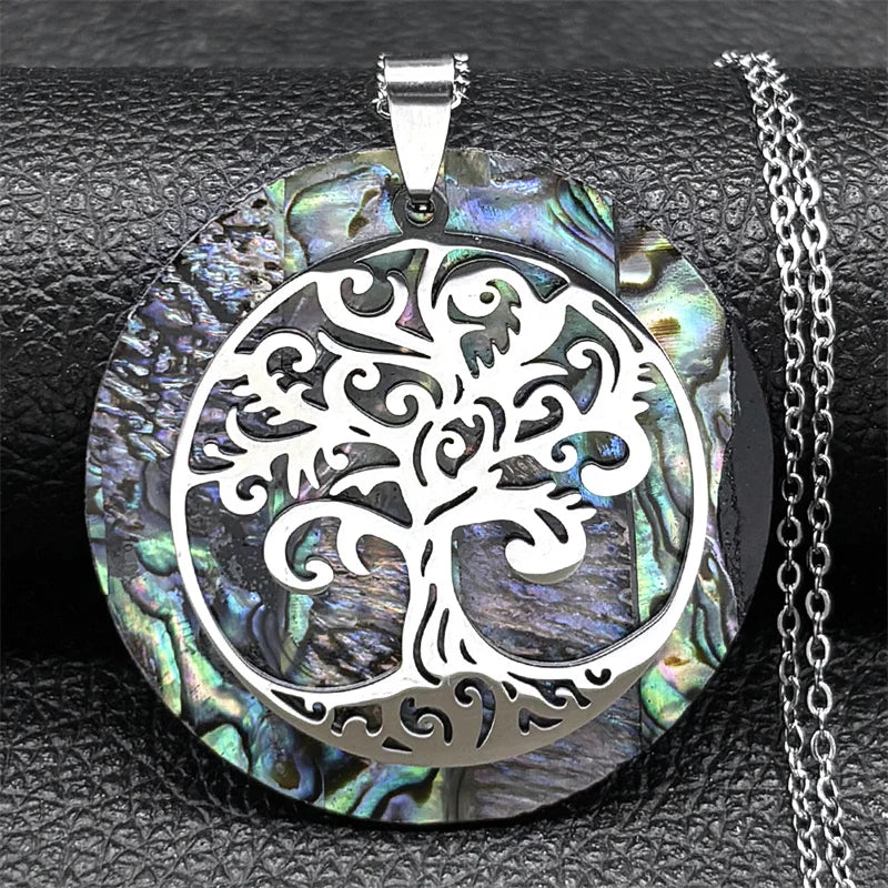 š³ Gold Tree of Life Abalone Shell Pendant Necklace ā Boho Stainless Steel Jewelry for Women āØ