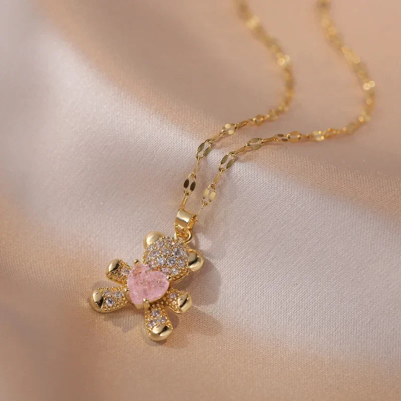 Gold Stainless Steel Chain with Cute Pink & Blue Zircon Bear Pendant – A Playful & Charming Accessory 🧸✨