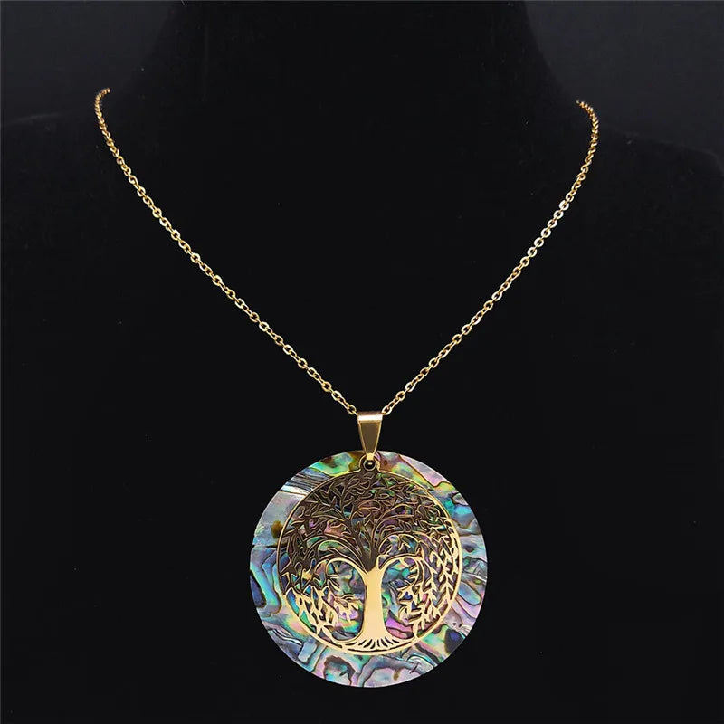 š³ Gold Tree of Life Abalone Shell Pendant Necklace ā Boho Stainless Steel Jewelry for Women āØ