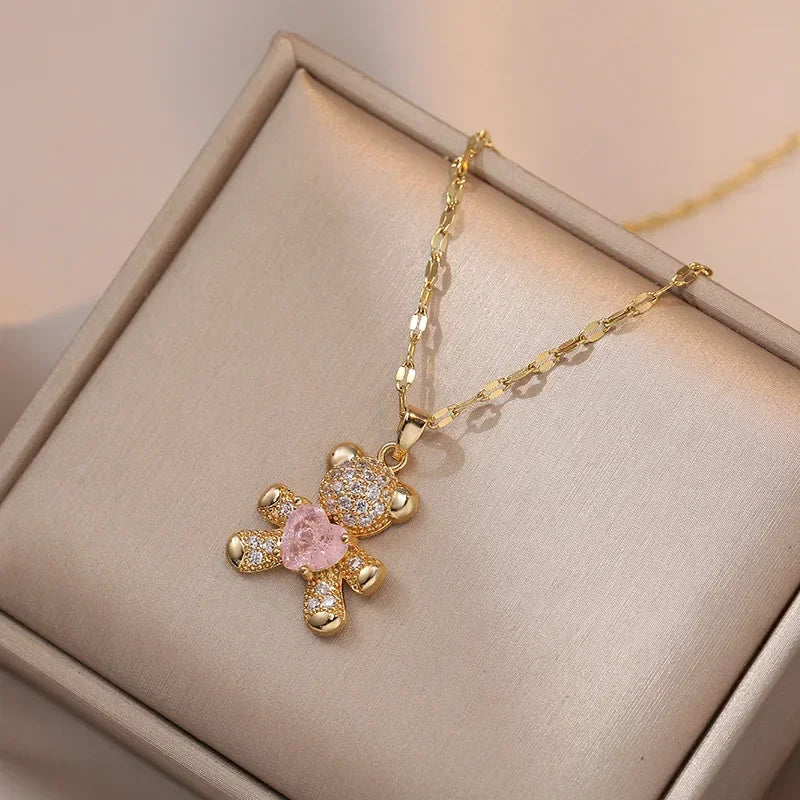 Gold Stainless Steel Chain with Cute Pink & Blue Zircon Bear Pendant – A Playful & Charming Accessory 🧸✨
