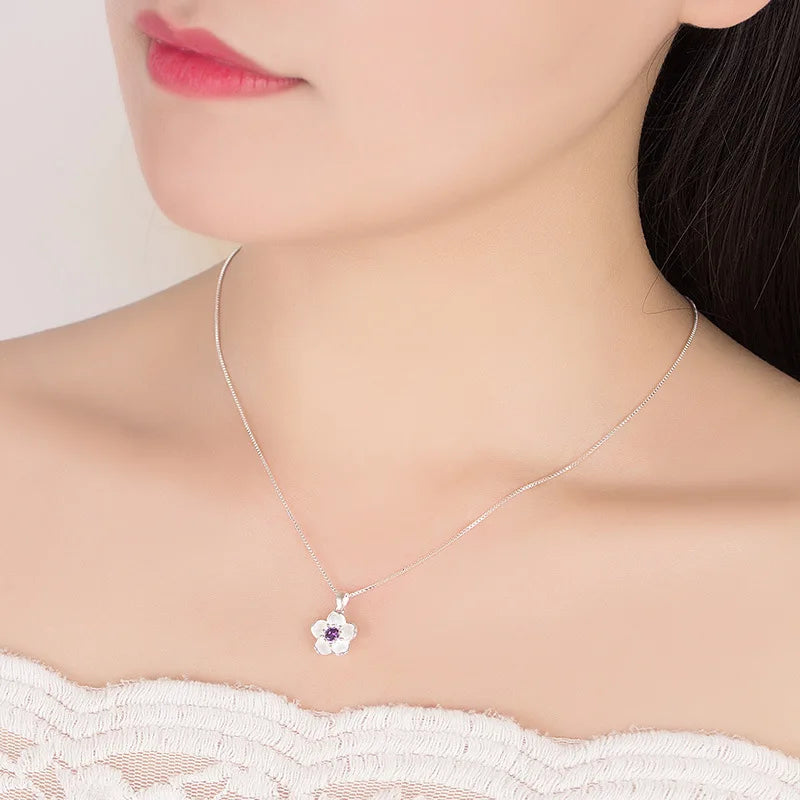 ✨ Sterling Silver Pink Purple Peach Blossom Pendant Necklace – Retro Luxury Jewelry for Women 🌸