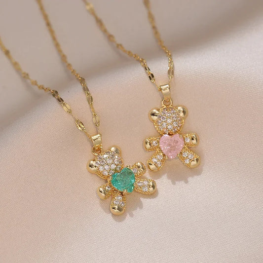 Gold Stainless Steel Chain with Cute Pink & Blue Zircon Bear Pendant – A Playful & Charming Accessory 🧸✨