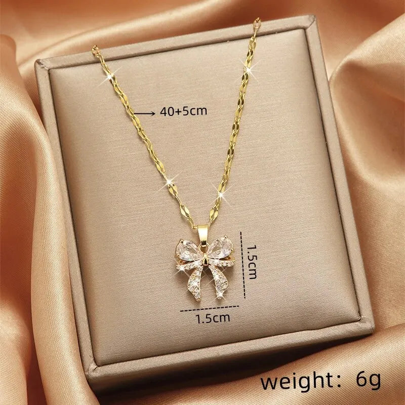 Elegant Gold Butterfly Zircon Pendant Necklace – Titanium Steel Chain, Copper Encrusted Design