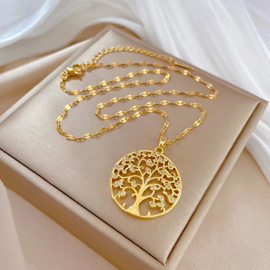 ✨ Temperamental Luxury 🌳 Rhinestone Tree of Life Pendant Necklace – 💎 Vintage-Inspired Stainless Steel Waterproof Chain 💖