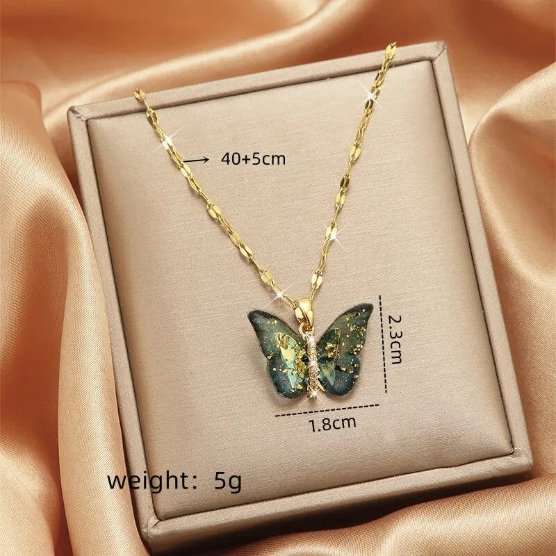 Elegant Gold Butterfly Zircon Pendant Necklace – Titanium Steel Chain, Copper Encrusted Design