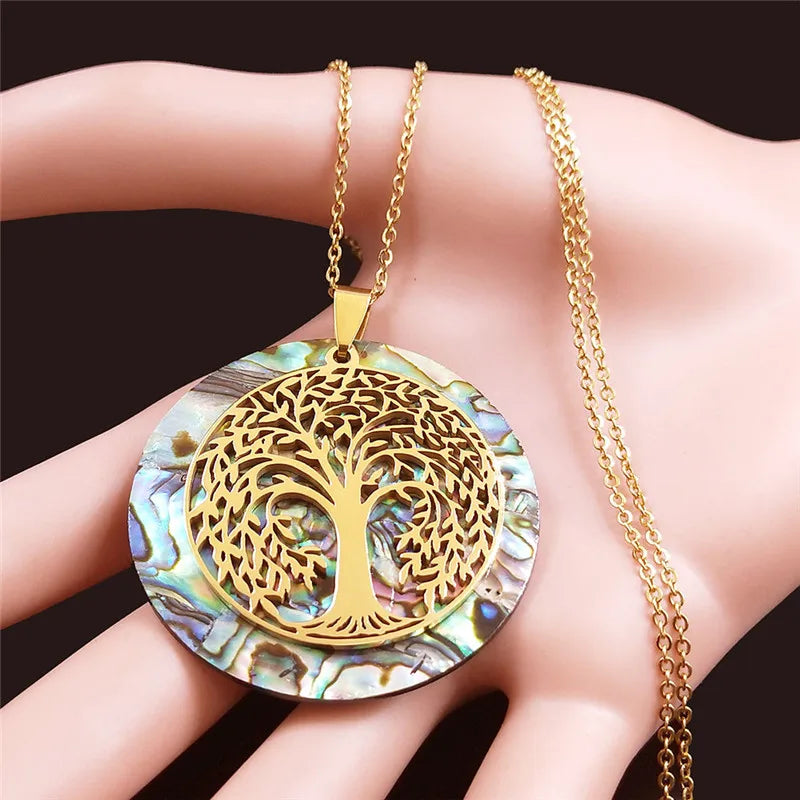 🌳 Gold Tree of Life Abalone Shell Pendant Necklace – Boho Stainless Steel Jewelry for Women ✨