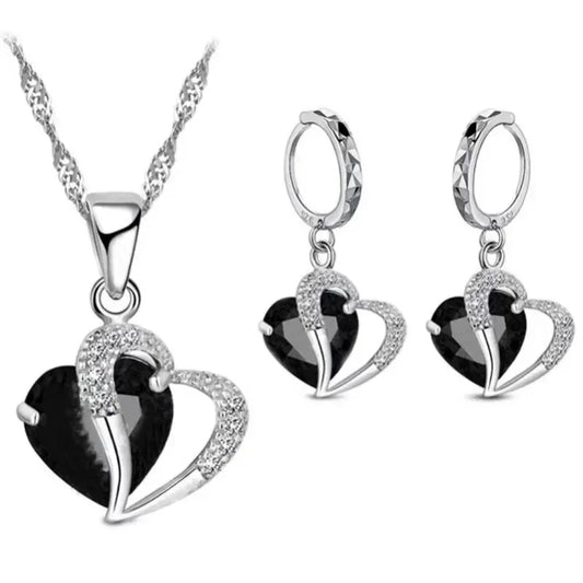 💖 Set of 2 Heart Charm Jewelry – Blue Glass Stone Necklace & Earrings with CZ Gems ✨
