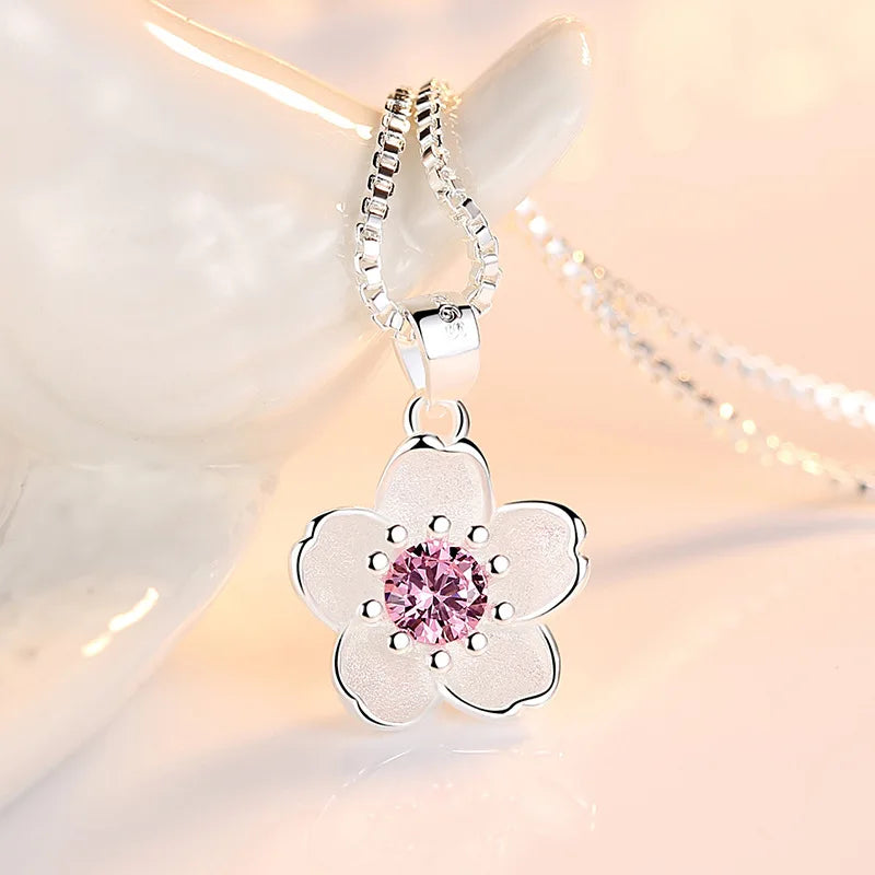 ✨ Sterling Silver Pink Purple Peach Blossom Pendant Necklace – Retro Luxury Jewelry for Women 🌸