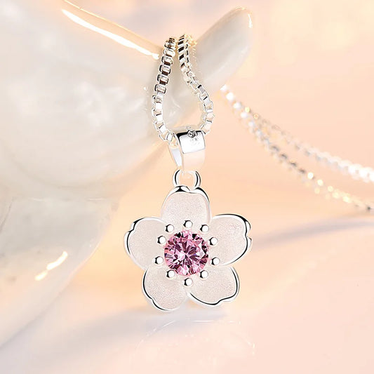 ✨ Sterling Silver Pink Purple Peach Blossom Pendant Necklace – Retro Luxury Jewelry for Women 🌸