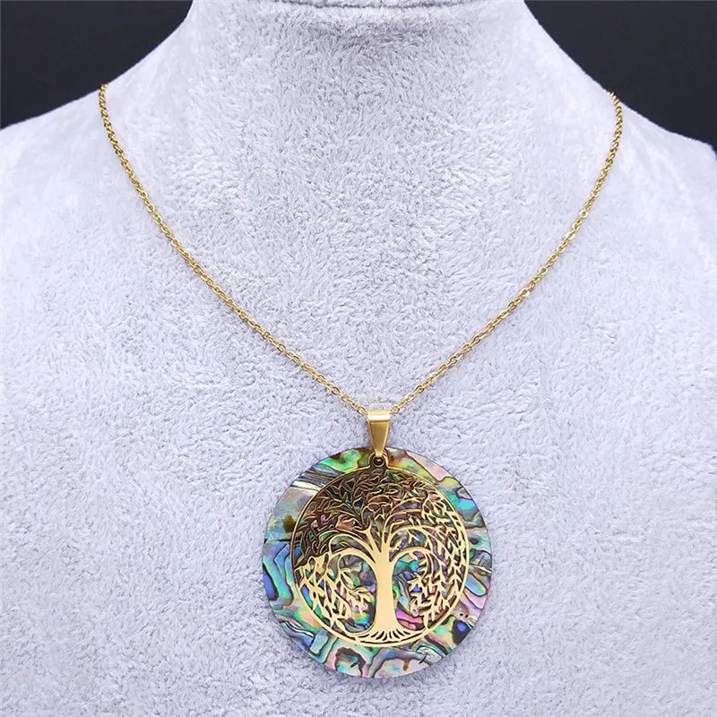 🌳 Gold Tree of Life Abalone Shell Pendant Necklace – Boho Stainless Steel Jewelry for Women ✨