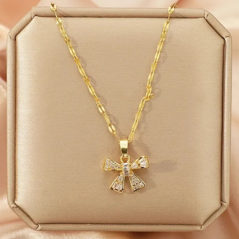 Elegant Gold Butterfly Zircon Pendant Necklace – Titanium Steel Chain, Copper Encrusted Design