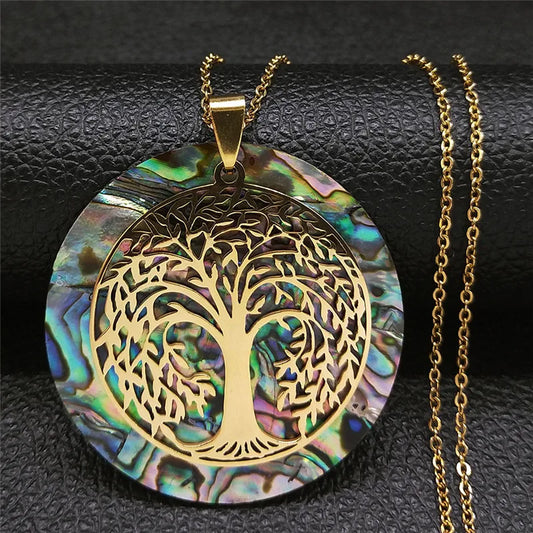 🌳 Gold Tree of Life Abalone Shell Pendant Necklace – Boho Stainless Steel Jewelry for Women ✨