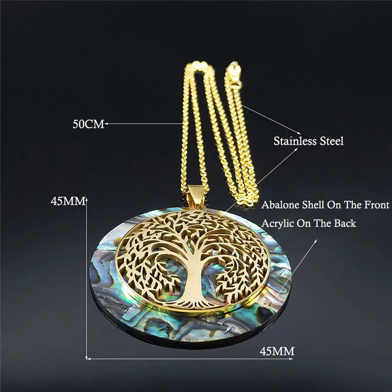 🌳 Gold Tree of Life Abalone Shell Pendant Necklace – Boho Stainless Steel Jewelry for Women ✨