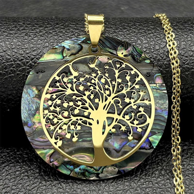 🌳 Gold Tree of Life Abalone Shell Pendant Necklace – Boho Stainless Steel Jewelry for Women ✨