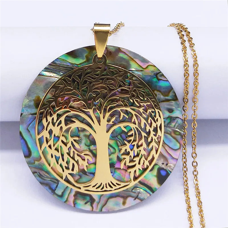 🌳 Gold Tree of Life Abalone Shell Pendant Necklace – Boho Stainless Steel Jewelry for Women ✨