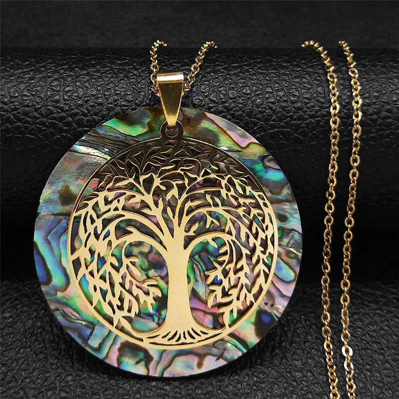 🌳 Gold Tree of Life Abalone Shell Pendant Necklace – Boho Stainless Steel Jewelry for Women ✨