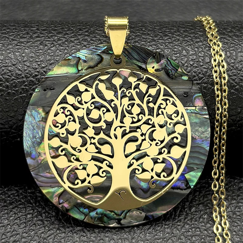 🌳 Gold Tree of Life Abalone Shell Pendant Necklace – Boho Stainless Steel Jewelry for Women ✨
