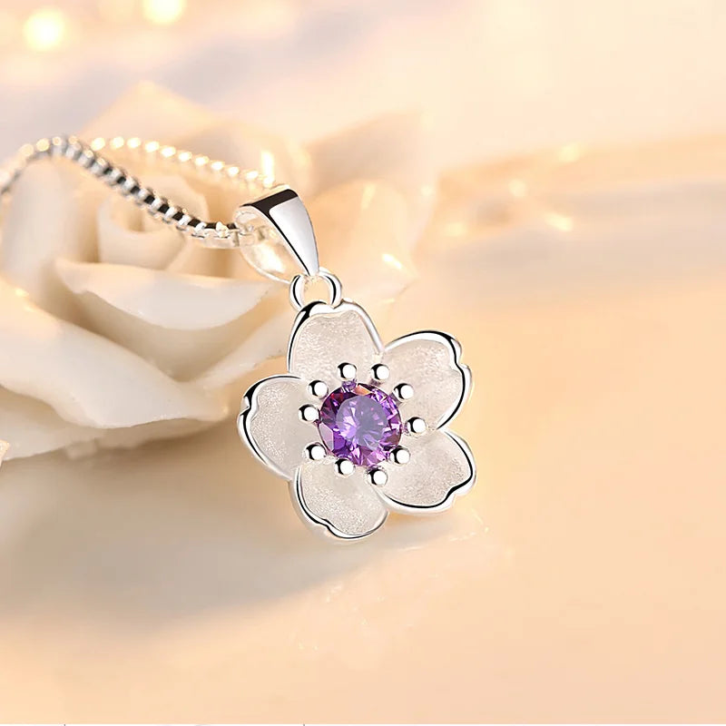 ✨ Sterling Silver Pink Purple Peach Blossom Pendant Necklace – Retro Luxury Jewelry for Women 🌸