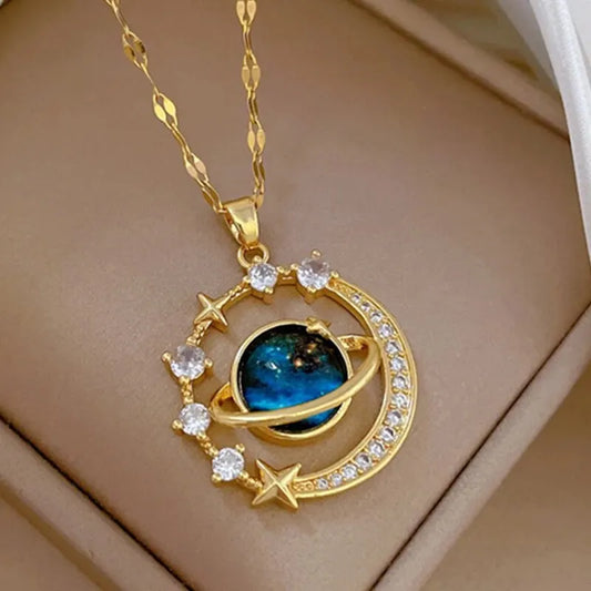 🌟 Gold Color Star & Planet Pendant Necklace – Astronaut Moon Jewelry for Women 🚀✨