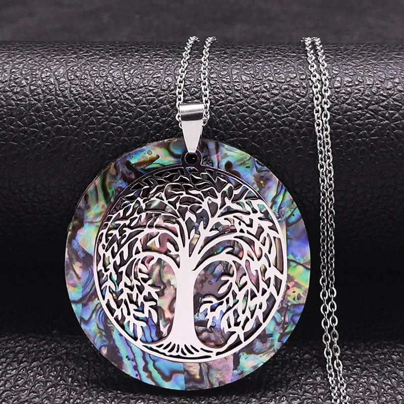 🌳 Gold Tree of Life Abalone Shell Pendant Necklace – Boho Stainless Steel Jewelry for Women ✨