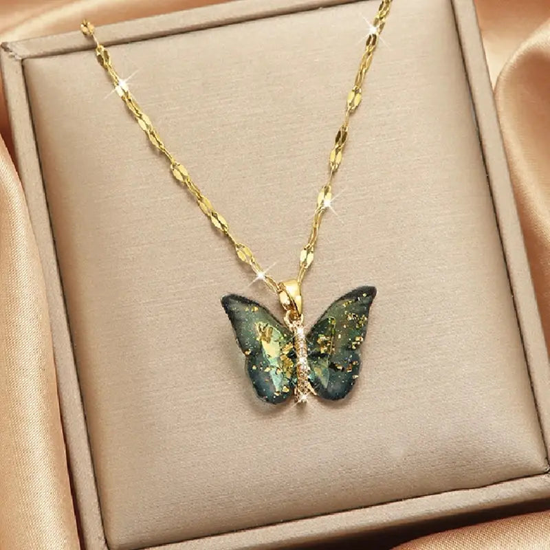 Elegant Gold Butterfly Zircon Pendant Necklace – Titanium Steel Chain, Copper Encrusted Design