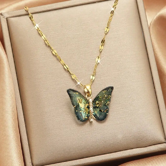 Elegant Gold Butterfly Zircon Pendant Necklace – Titanium Steel Chain, Copper Encrusted Design