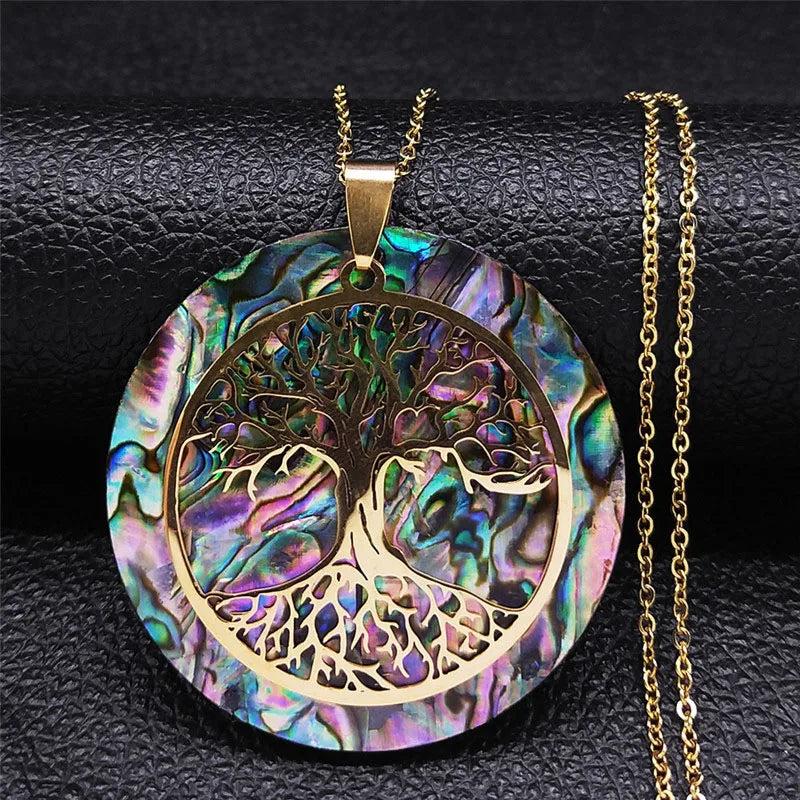 🌳 Gold Tree of Life Abalone Shell Pendant Necklace – Boho Stainless Steel Jewelry for Women ✨