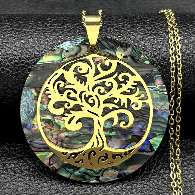 🌳 Gold Tree of Life Abalone Shell Pendant Necklace – Boho Stainless Steel Jewelry for Women ✨