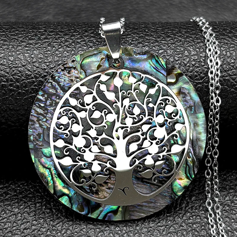 🌳 Gold Tree of Life Abalone Shell Pendant Necklace – Boho Stainless Steel Jewelry for Women ✨