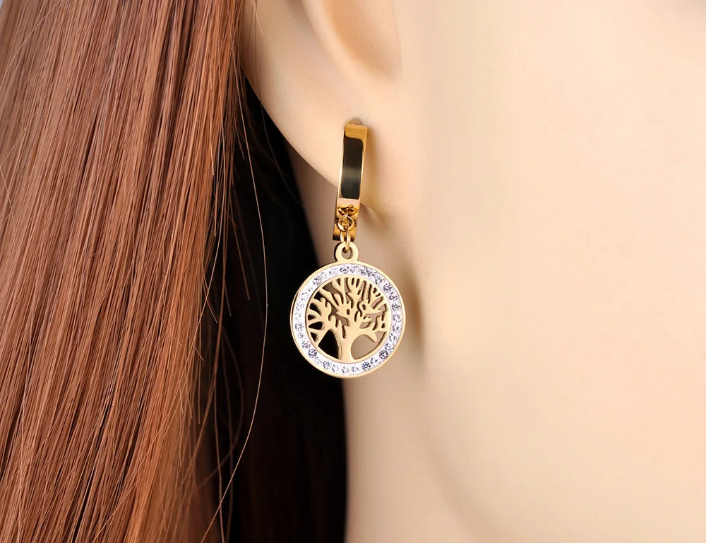 Trendy Crystal Tree Hoop Earrings – Stainless Steel Party Jewelry for Women 🌳💎