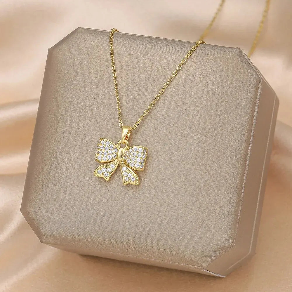 Elegant Gold Butterfly Zircon Pendant Necklace – Titanium Steel Chain, Copper Encrusted Design