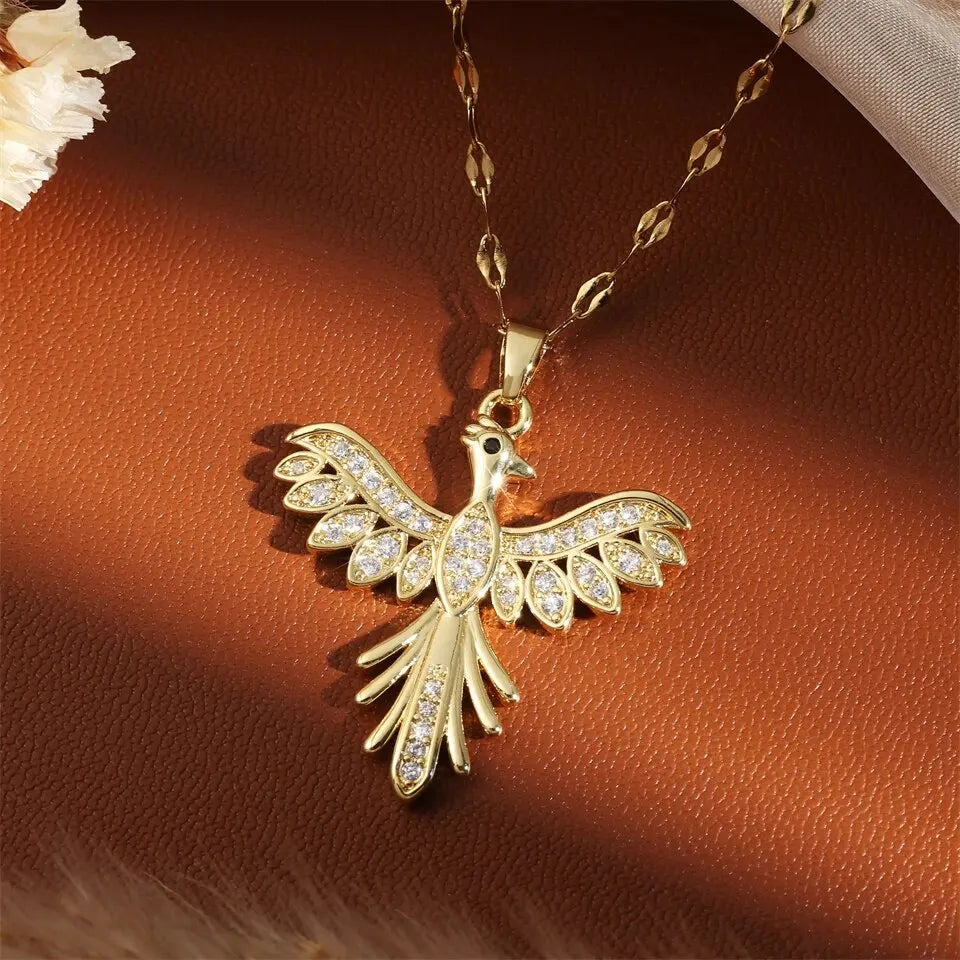 Fiery Elegance – Gold Phoenix Crystal Necklace with Cubic Zirconia 🔥