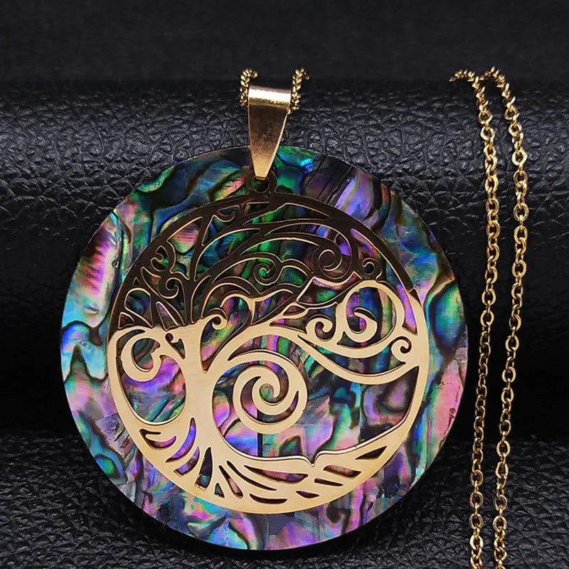 🌳 Gold Tree of Life Abalone Shell Pendant Necklace – Boho Stainless Steel Jewelry for Women ✨