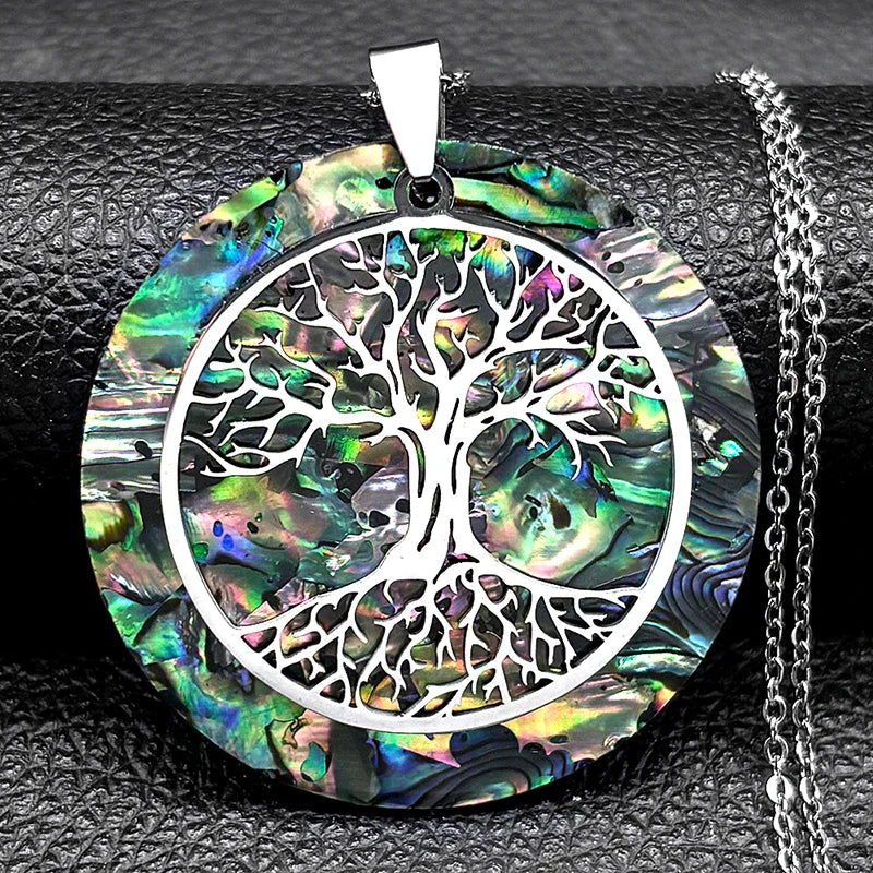 🌳 Gold Tree of Life Abalone Shell Pendant Necklace – Boho Stainless Steel Jewelry for Women ✨