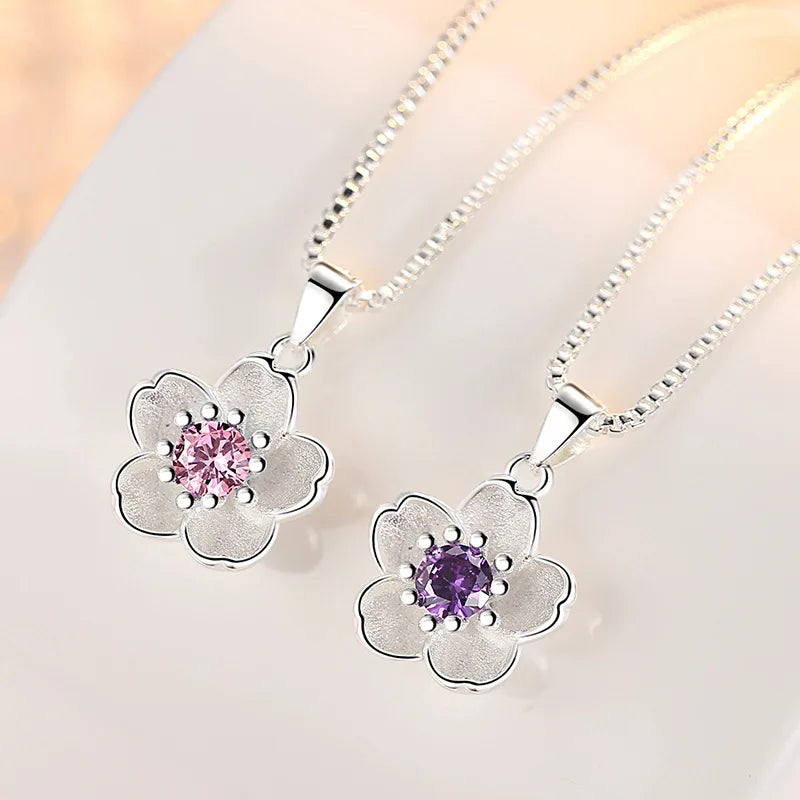✨ Sterling Silver Pink Purple Peach Blossom Pendant Necklace – Retro Luxury Jewelry for Women 🌸