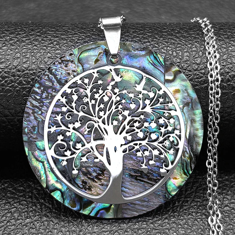 🌳 Gold Tree of Life Abalone Shell Pendant Necklace – Boho Stainless Steel Jewelry for Women ✨